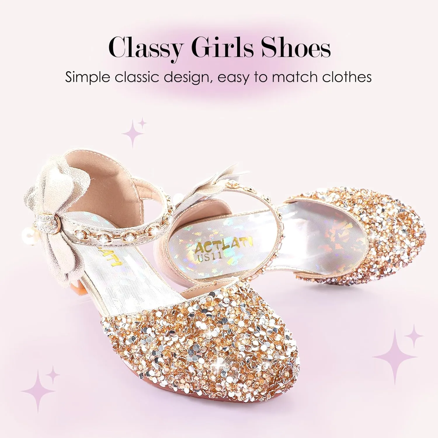 Girls Dress Pumps Glitter Sequins Princess Crystal High Heels Closed Toe Party Wedding Flower Girls Shoes (Little/Big Kid)