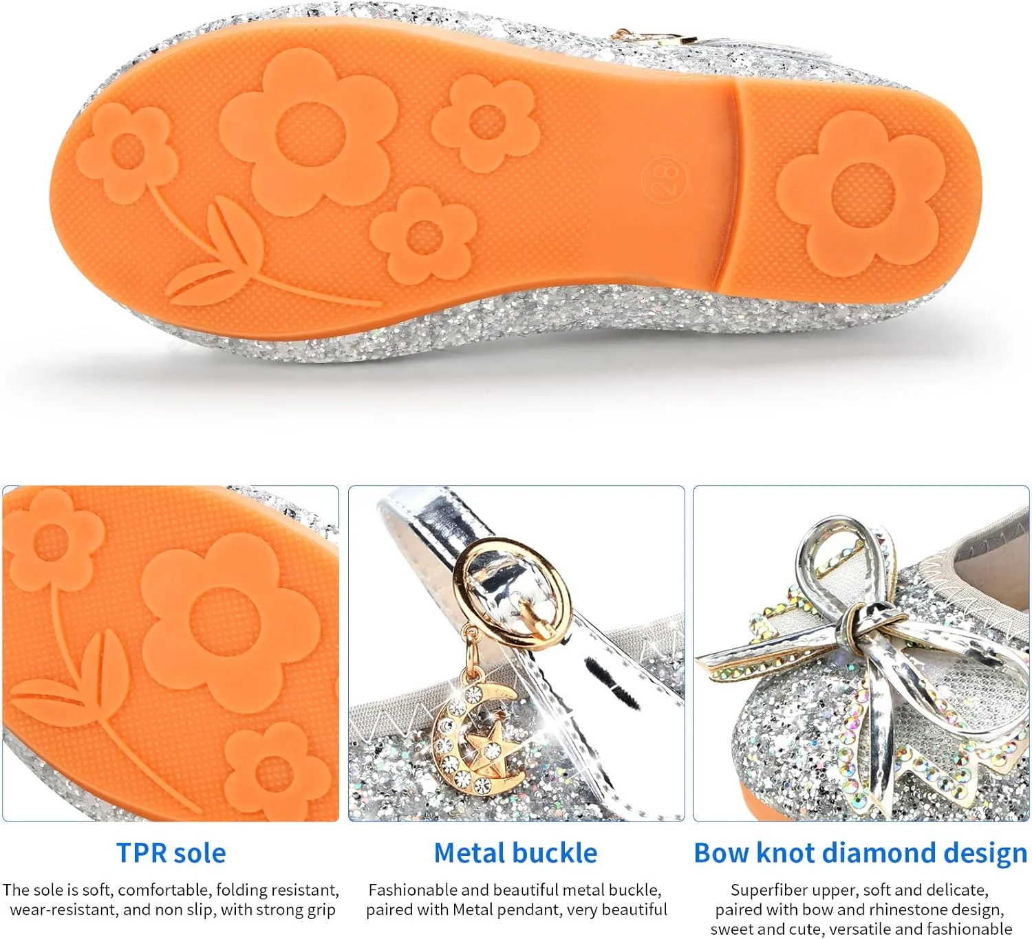 Girls Dress Shoes Mary Jane Princess Shoes Girls' Flats Glitter Low Heels Flower Wedding Party Footwear for Toddler Little/Big Kid