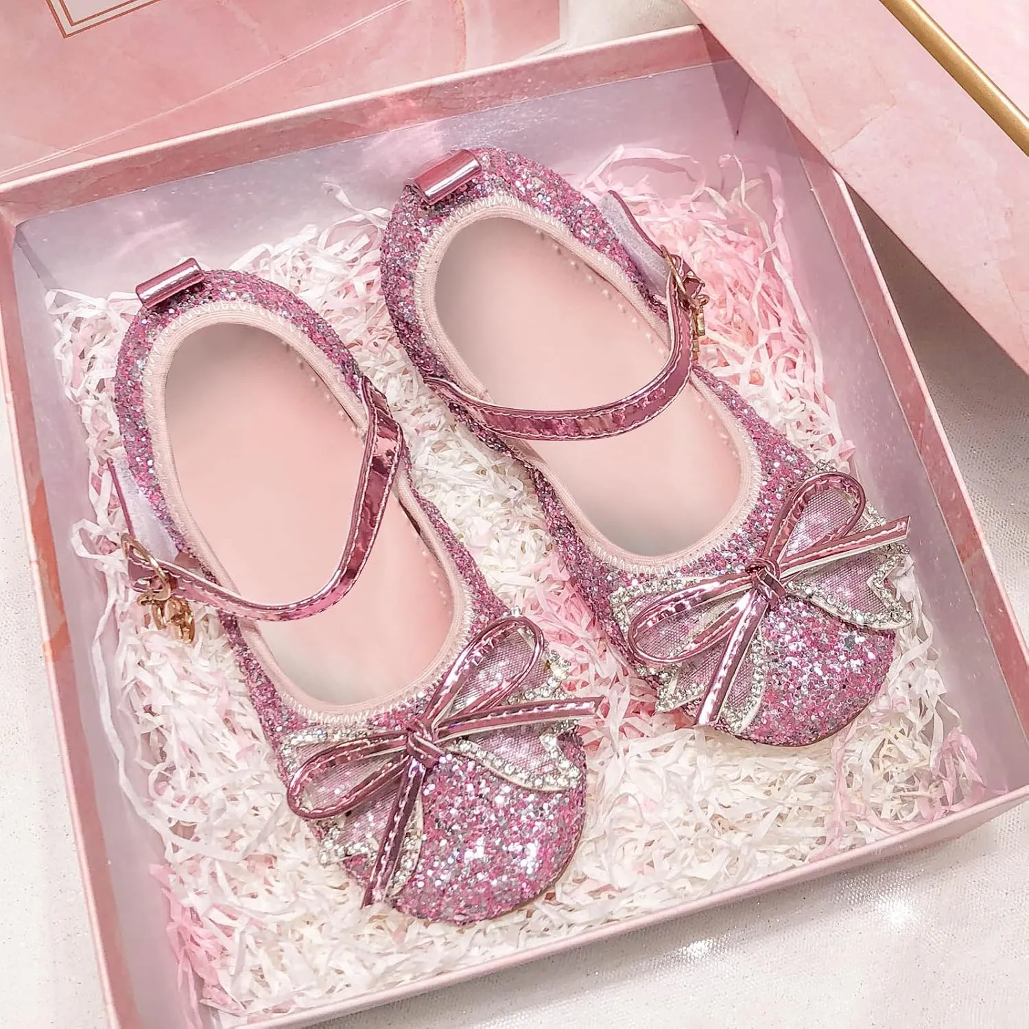Girls Dress Shoes Mary Jane Princess Shoes Girls' Flats Glitter Low Heels Flower Wedding Party Footwear for Toddler Little/Big Kid