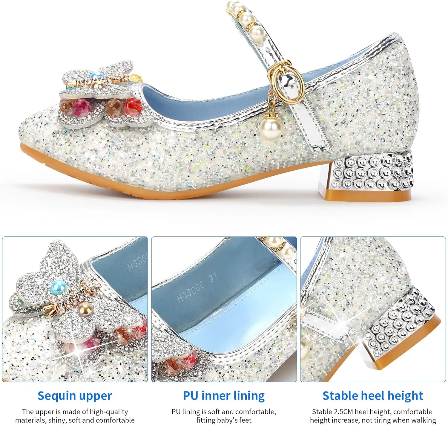 Girls Dress Shoes Mary Jane Princess Shoes Girls' Flats Glitter Low Heels Flower Wedding Party Footwear for Toddler Little/Big Kid