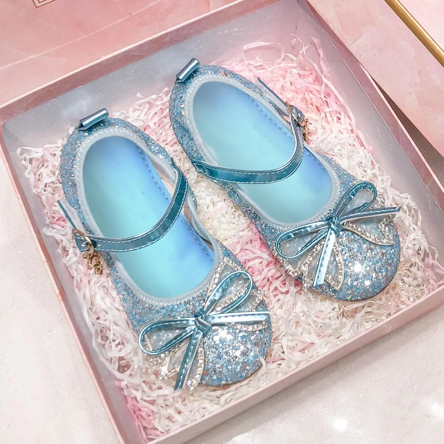 Girls Dress Shoes Mary Jane Princess Shoes Girls' Flats Glitter Low Heels Flower Wedding Party Footwear for Toddler Little/Big Kid