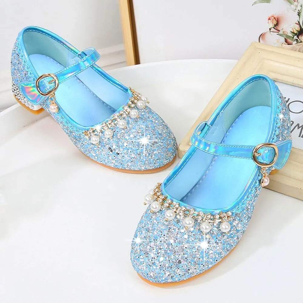 Girls Dress Shoes Mary Jane Princess Shoes Girls' Flats Glitter Low Heels Flower Wedding Party Footwear for Toddler Little/Big Kid