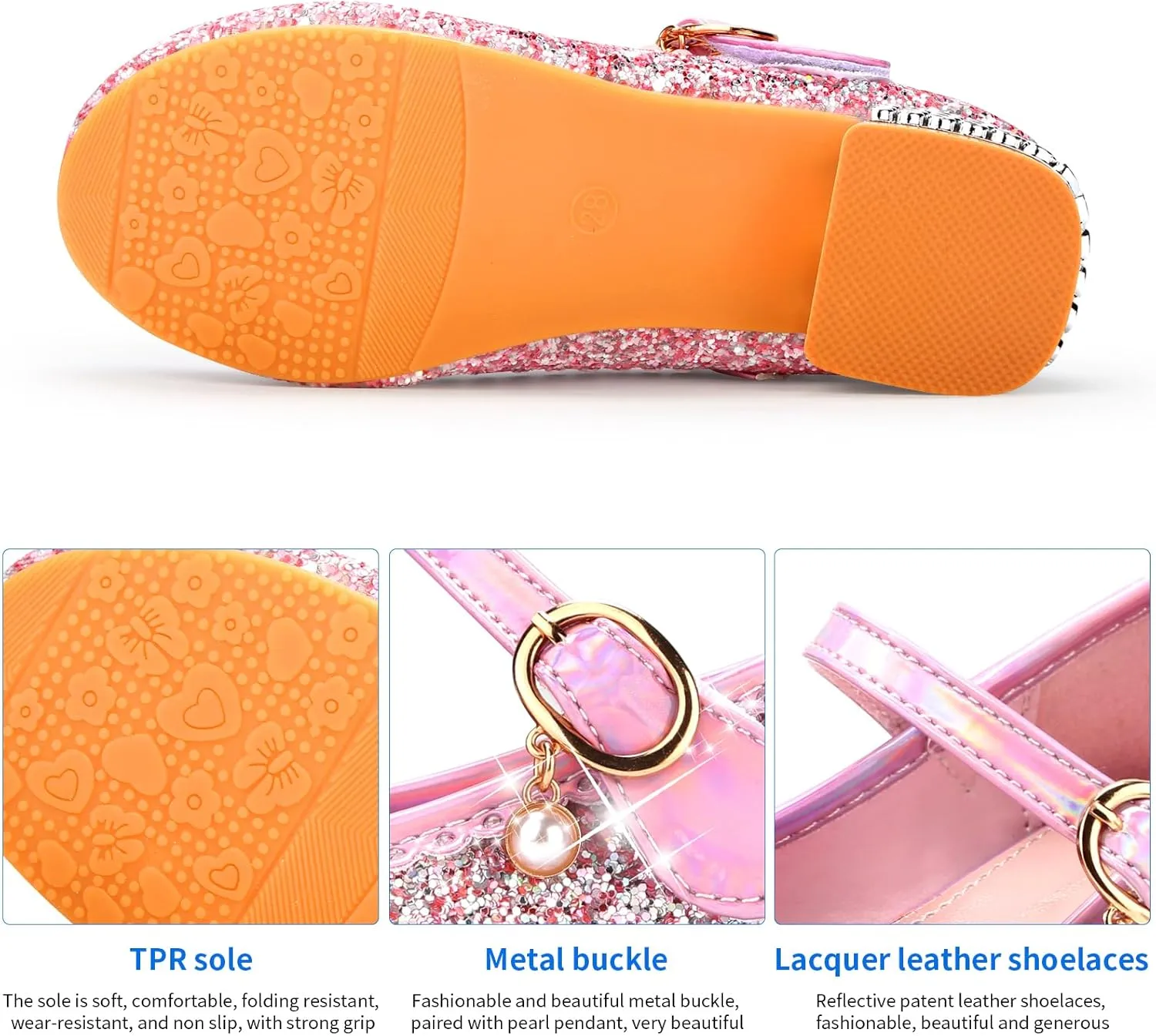 Girls Dress Shoes Mary Jane Princess Shoes Girls' Flats Glitter Low Heels Flower Wedding Party Footwear for Toddler Little/Big Kid