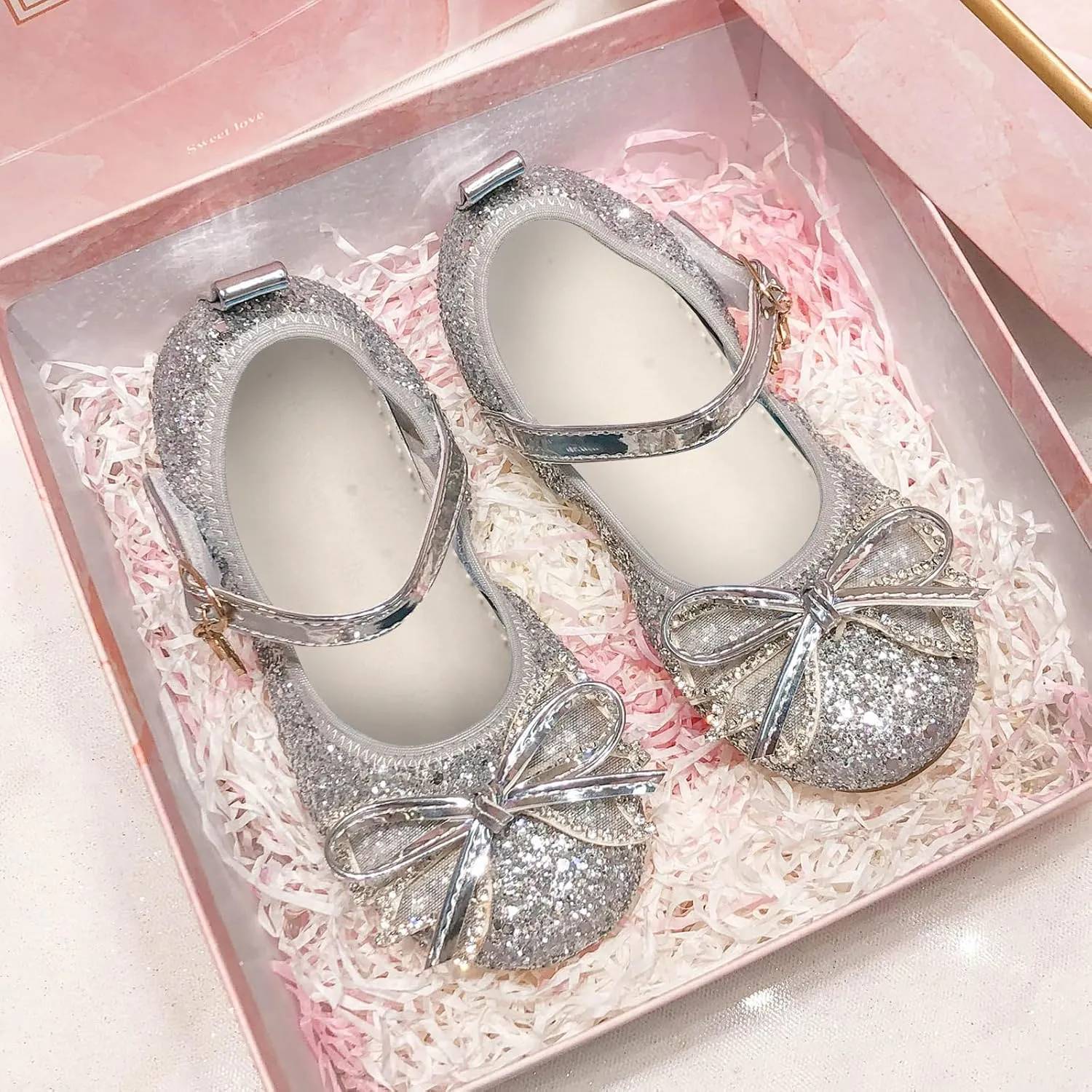 Girls Dress Shoes Mary Jane Princess Shoes Girls' Flats Glitter Low Heels Flower Wedding Party Footwear for Toddler Little/Big Kid