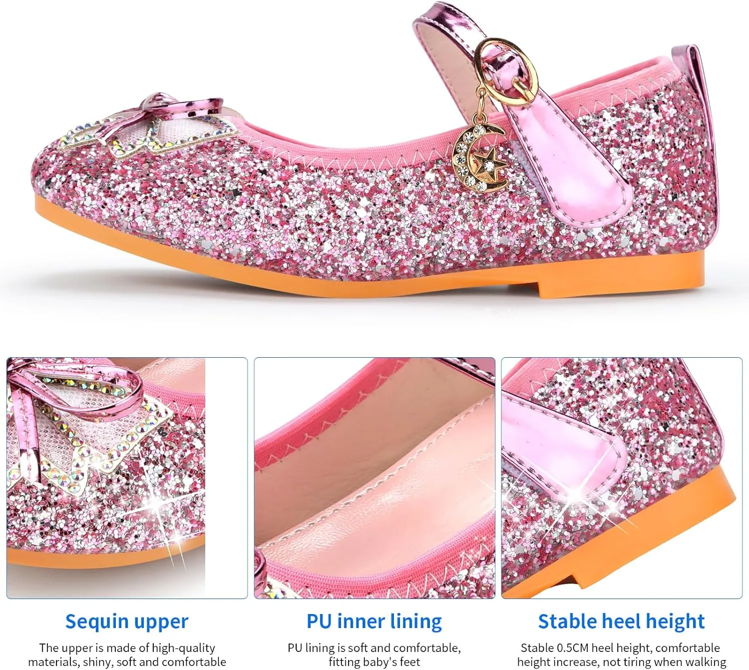 Girls Dress Shoes Mary Jane Princess Shoes Girls' Flats Glitter Low Heels Flower Wedding Party Footwear for Toddler Little/Big Kid