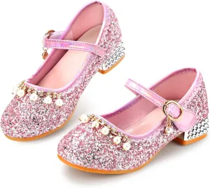 Girls Dress Shoes Mary Jane Princess Shoes Girls' Flats Glitter Low Heels Flower Wedding Party Footwear for Toddler Little/Big Kid