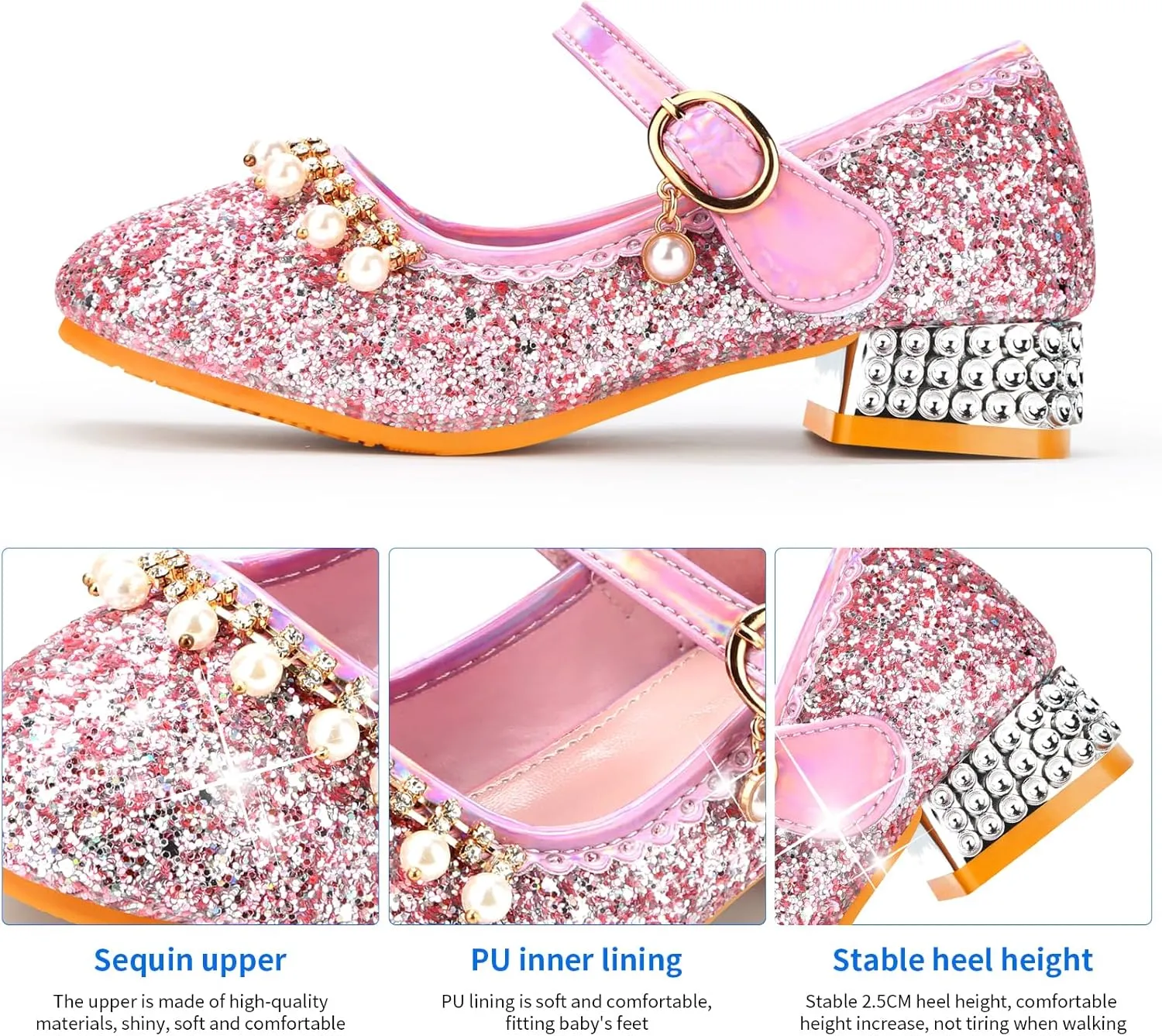 Girls Dress Shoes Mary Jane Princess Shoes Girls' Flats Glitter Low Heels Flower Wedding Party Footwear for Toddler Little/Big Kid