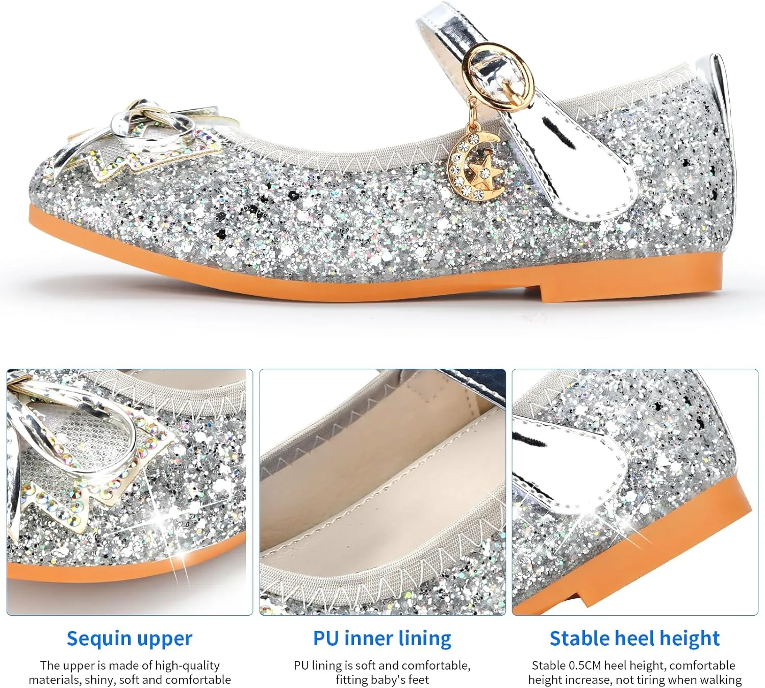 Girls Dress Shoes Mary Jane Princess Shoes Girls' Flats Glitter Low Heels Flower Wedding Party Footwear for Toddler Little/Big Kid