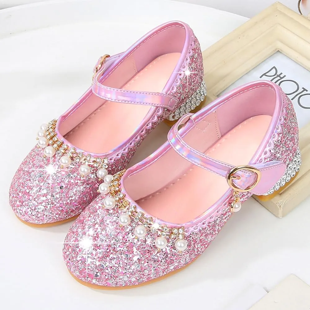 Girls Dress Shoes Mary Jane Princess Shoes Girls' Flats Glitter Low Heels Flower Wedding Party Footwear for Toddler Little/Big Kid