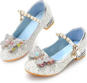 Girls Dress Shoes Mary Jane Princess Shoes Girls' Flats Glitter Low Heels Flower Wedding Party Footwear for Toddler Little/Big Kid