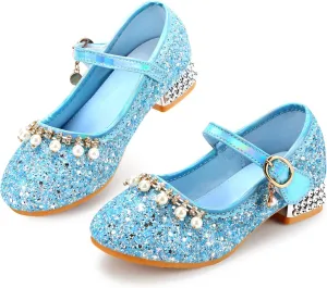 Girls Dress Shoes Mary Jane Princess Shoes Girls' Flats Glitter Low Heels Flower Wedding Party Footwear for Toddler Little/Big Kid