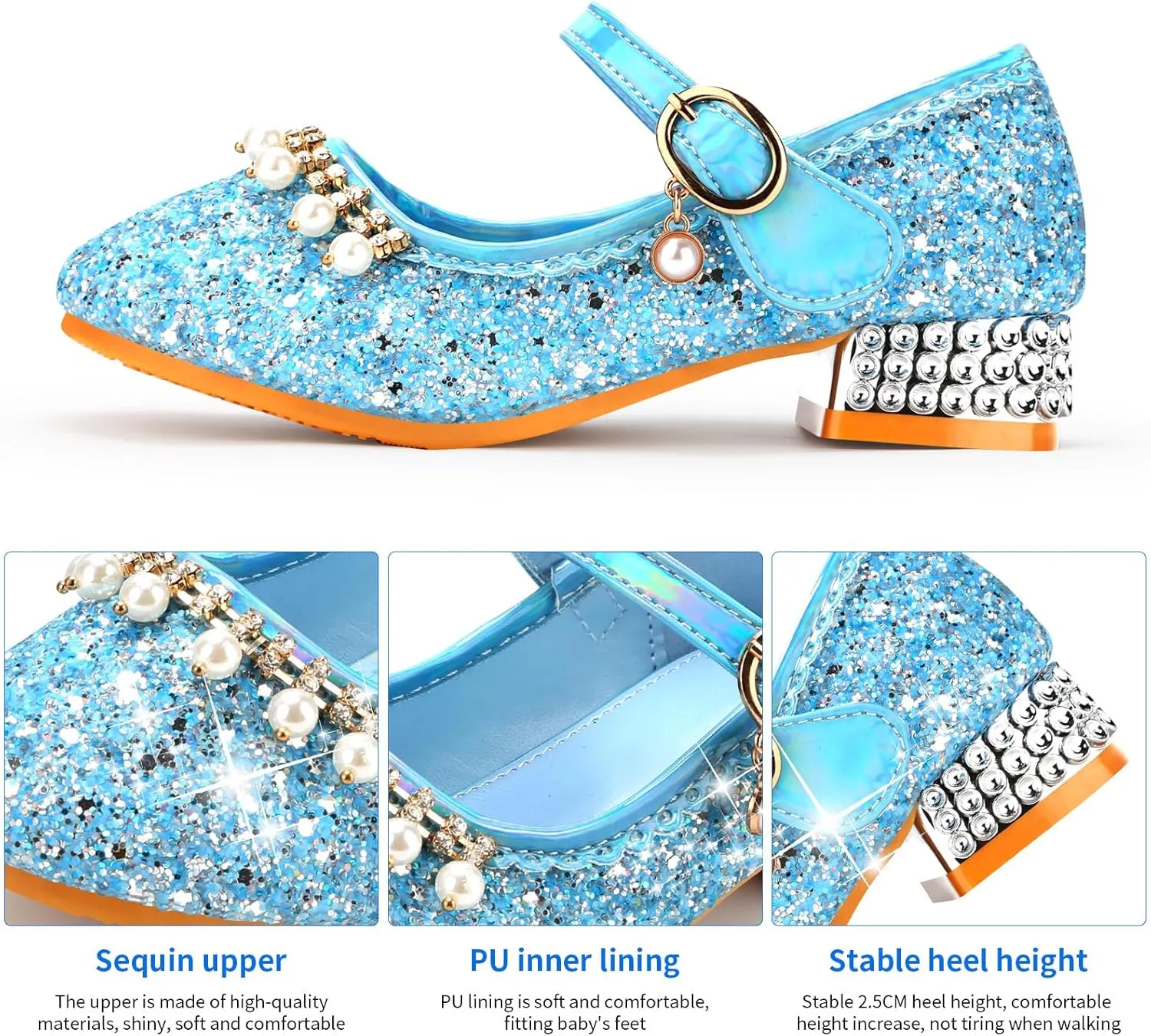 Girls Dress Shoes Mary Jane Princess Shoes Girls' Flats Glitter Low Heels Flower Wedding Party Footwear for Toddler Little/Big Kid