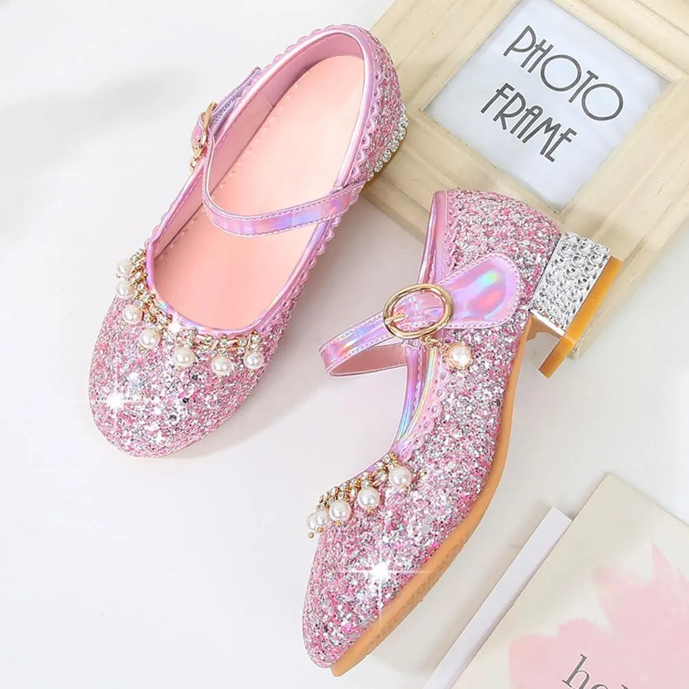 Girls Dress Shoes Mary Jane Princess Shoes Girls' Flats Glitter Low Heels Flower Wedding Party Footwear for Toddler Little/Big Kid