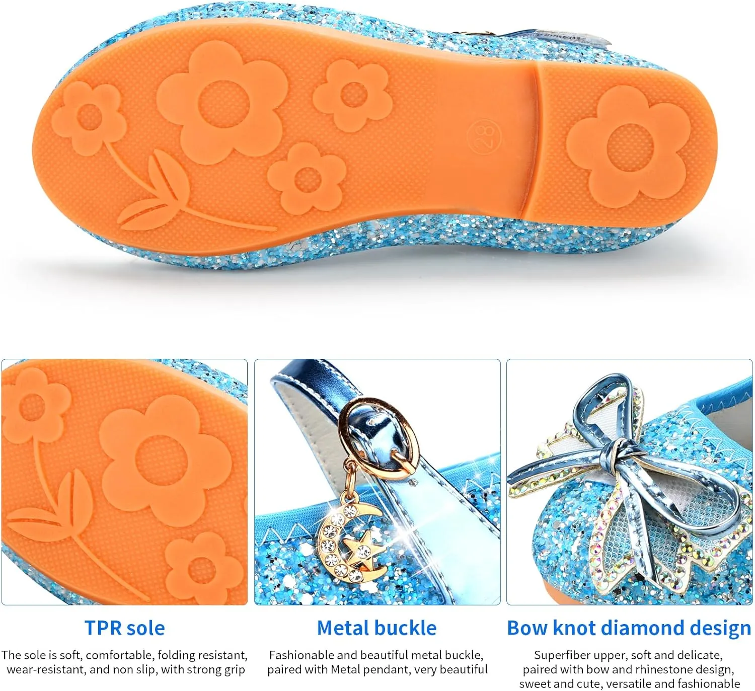 Girls Dress Shoes Mary Jane Princess Shoes Girls' Flats Glitter Low Heels Flower Wedding Party Footwear for Toddler Little/Big Kid