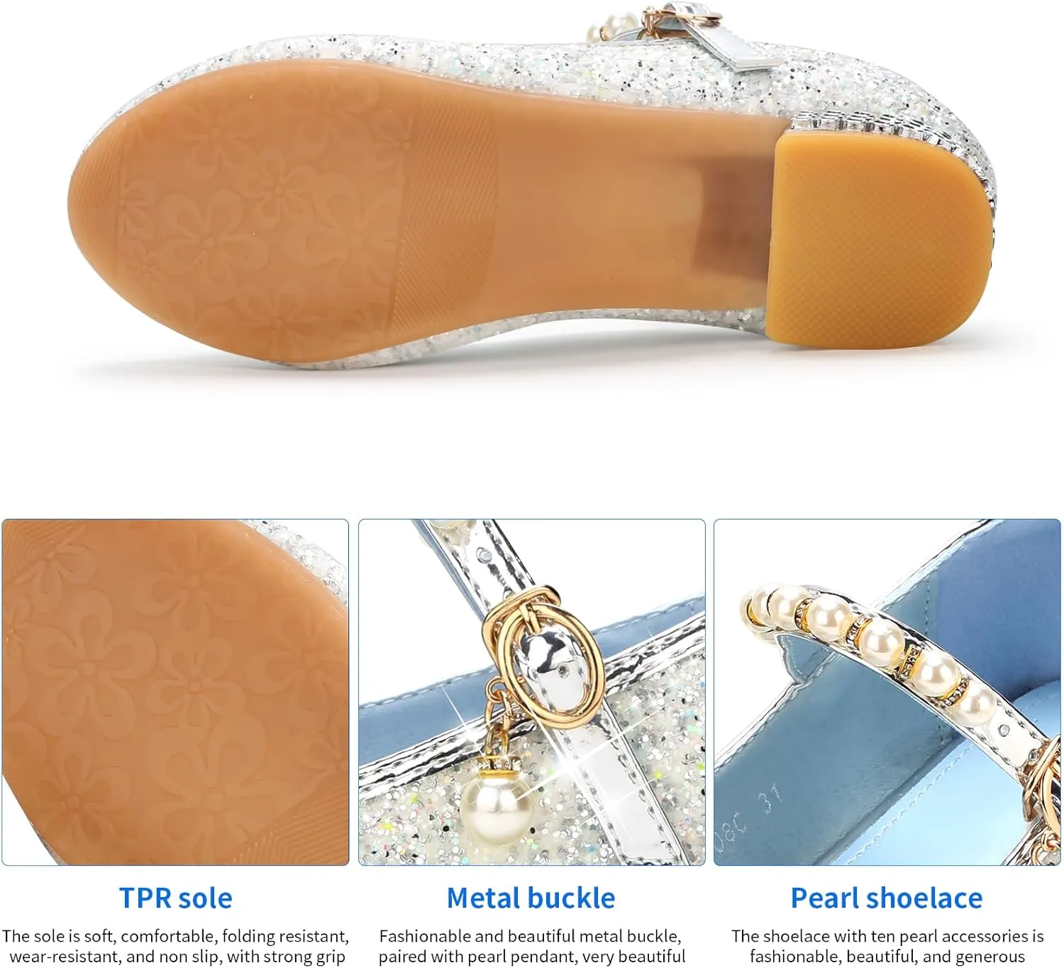 Girls Dress Shoes Mary Jane Princess Shoes Girls' Flats Glitter Low Heels Flower Wedding Party Footwear for Toddler Little/Big Kid