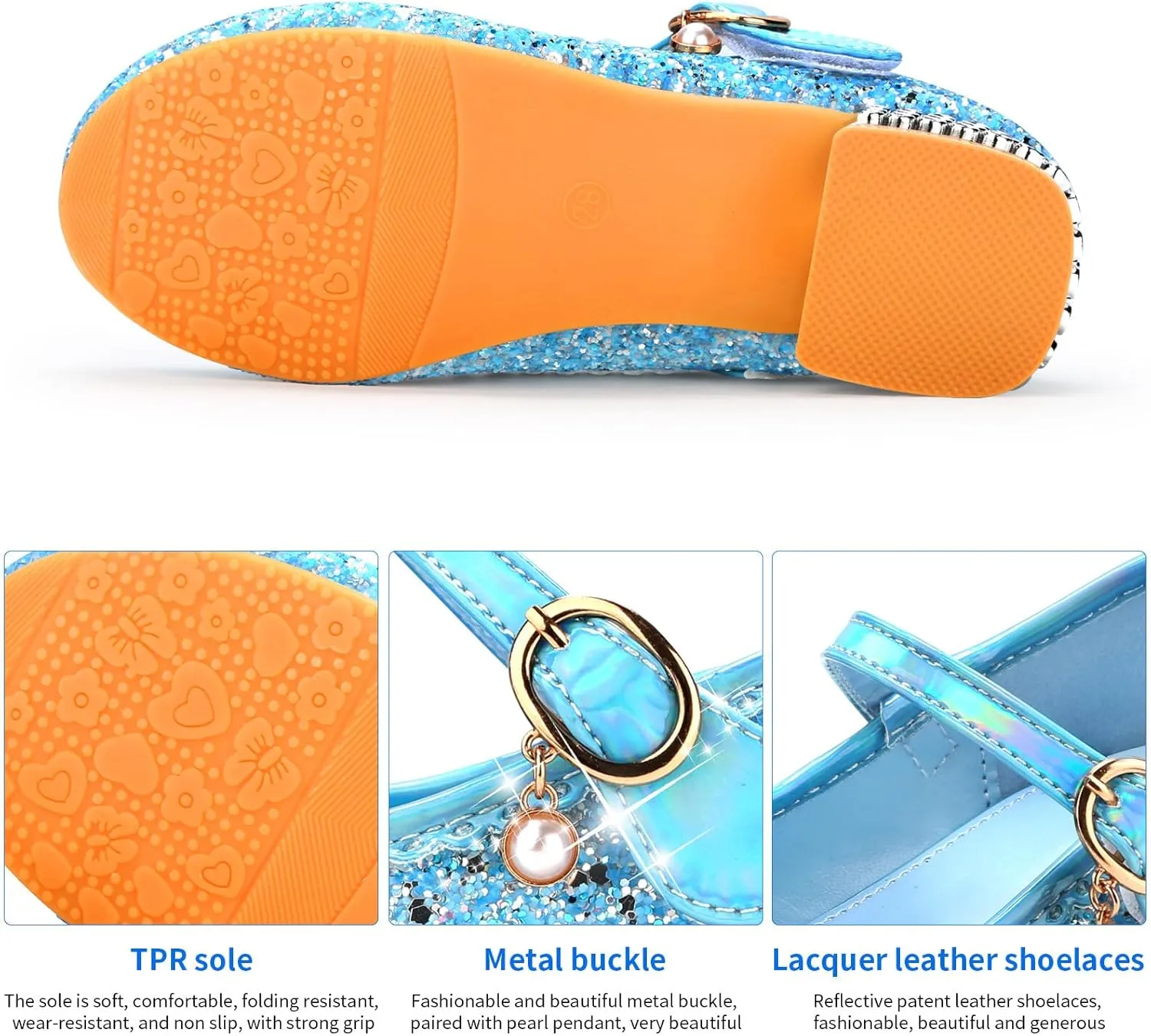 Girls Dress Shoes Mary Jane Princess Shoes Girls' Flats Glitter Low Heels Flower Wedding Party Footwear for Toddler Little/Big Kid