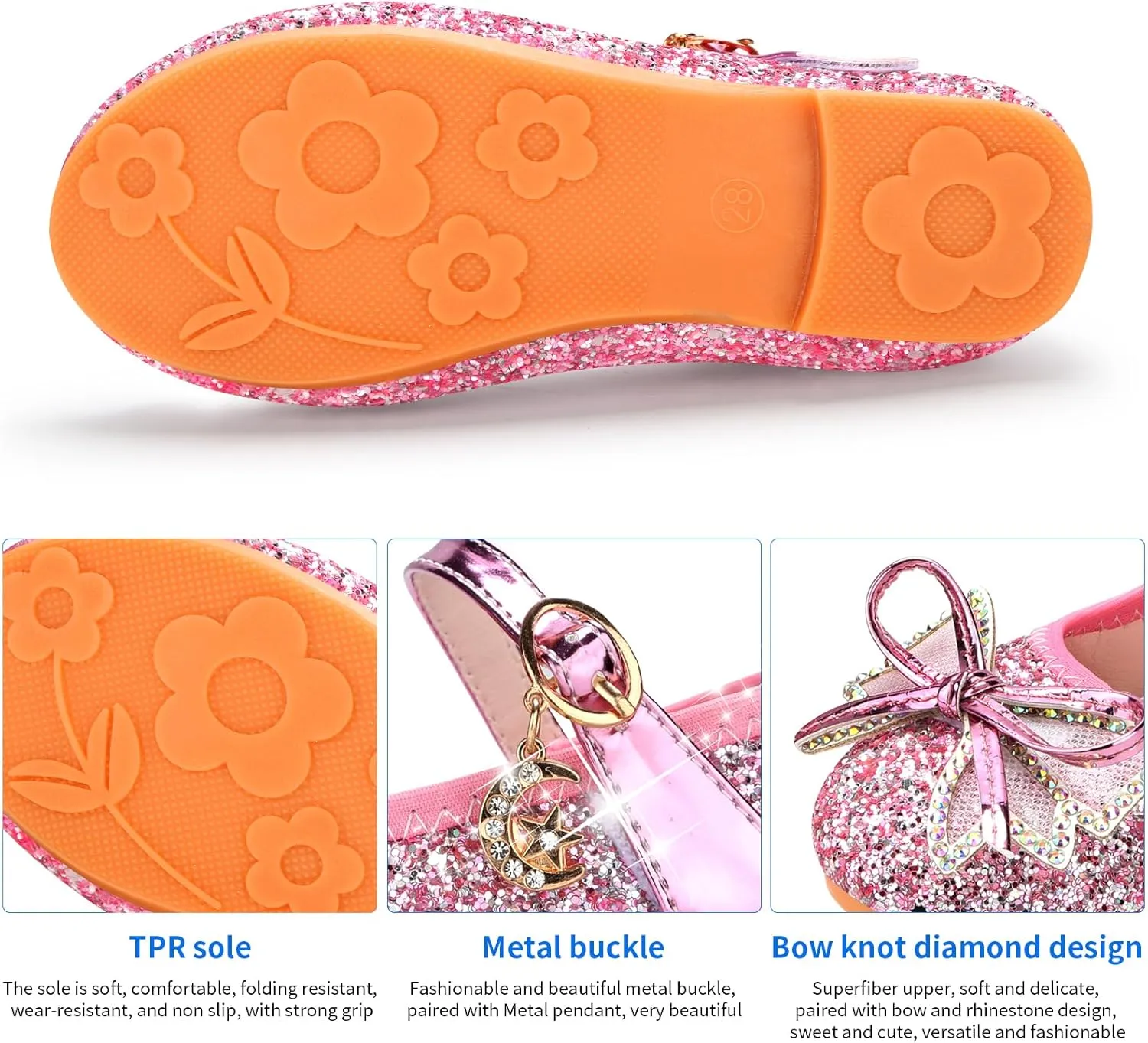 Girls Dress Shoes Mary Jane Princess Shoes Girls' Flats Glitter Low Heels Flower Wedding Party Footwear for Toddler Little/Big Kid