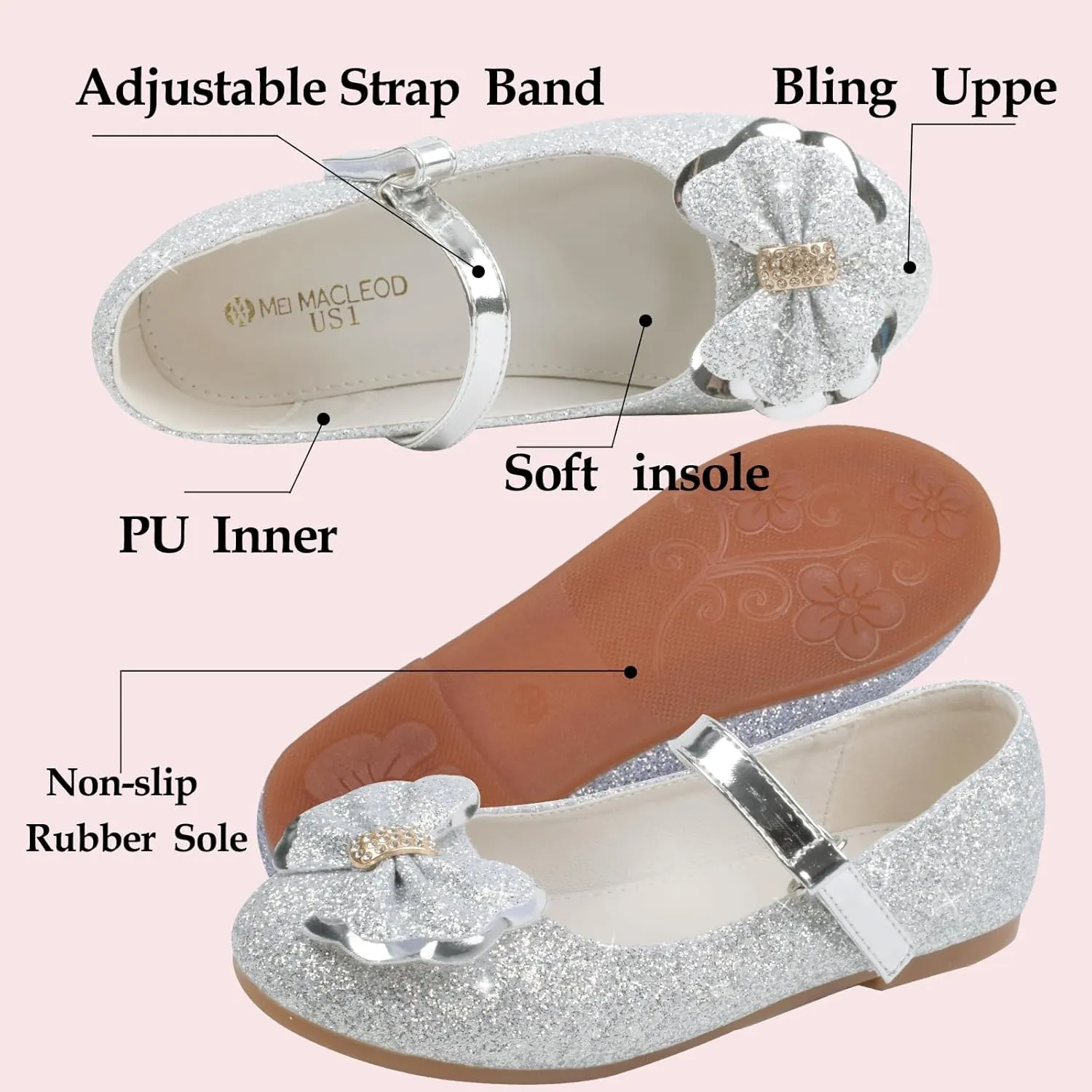 Girls Dress Shoes Mary Jane Shoes Low Heel Ballerina Flats Wedding Party School Shoes for Little/Big Kids