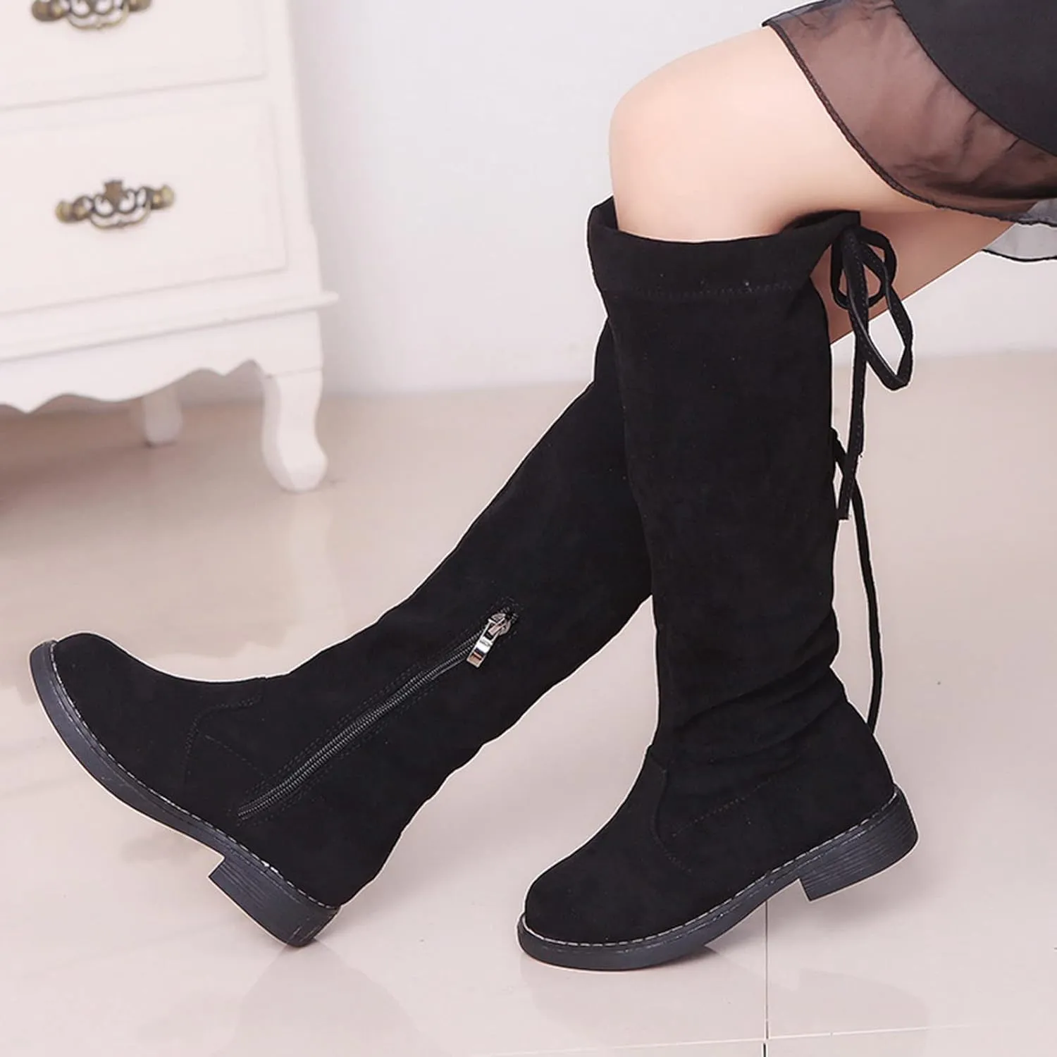 Girls Dressy Knee High Riding Boots Comfy Chunky Low Heel Hiking Booties with Side Zip Casual Outdoor Winter Boots
