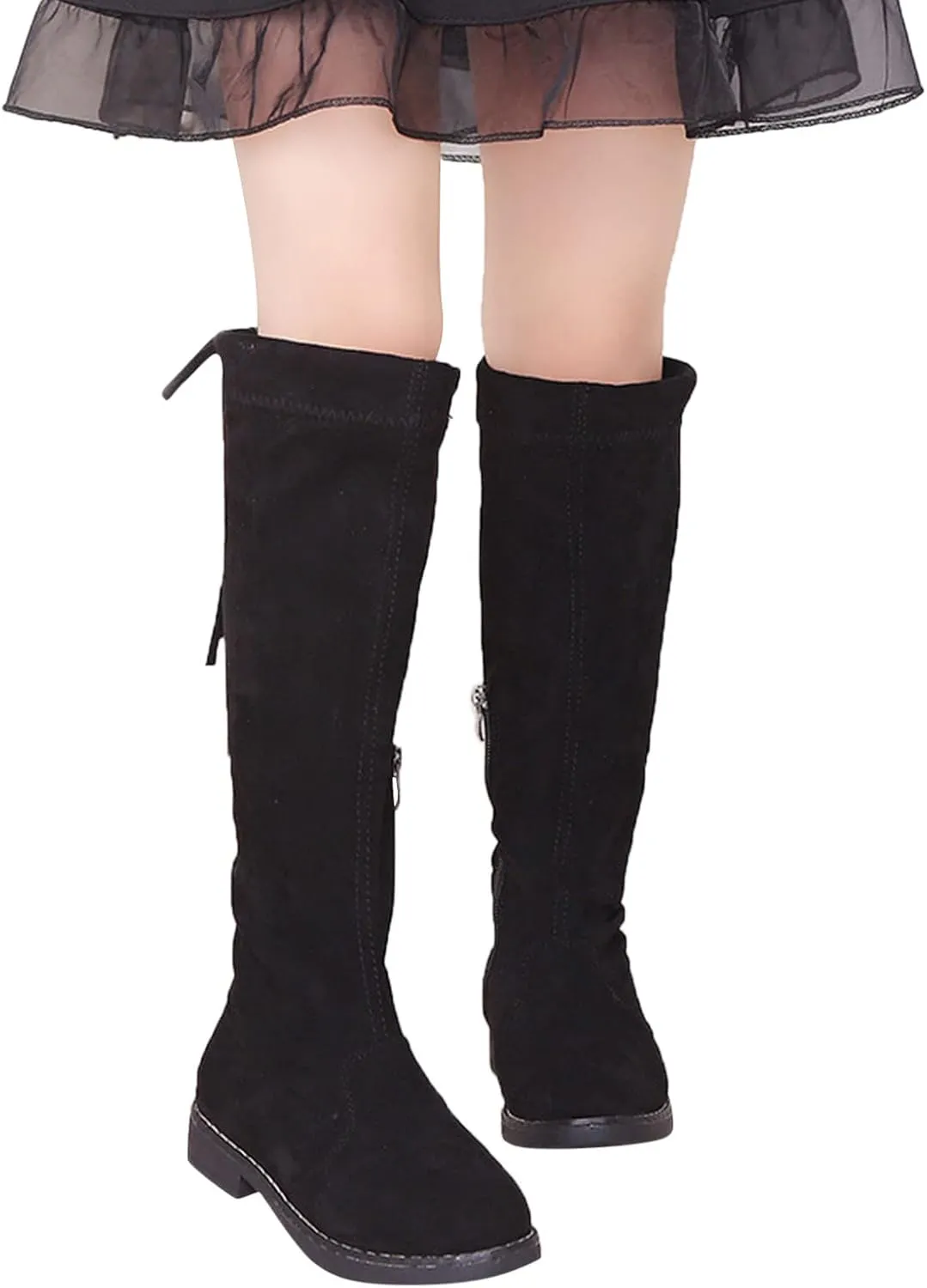 Girls Dressy Knee High Riding Boots Comfy Chunky Low Heel Hiking Booties with Side Zip Casual Outdoor Winter Boots
