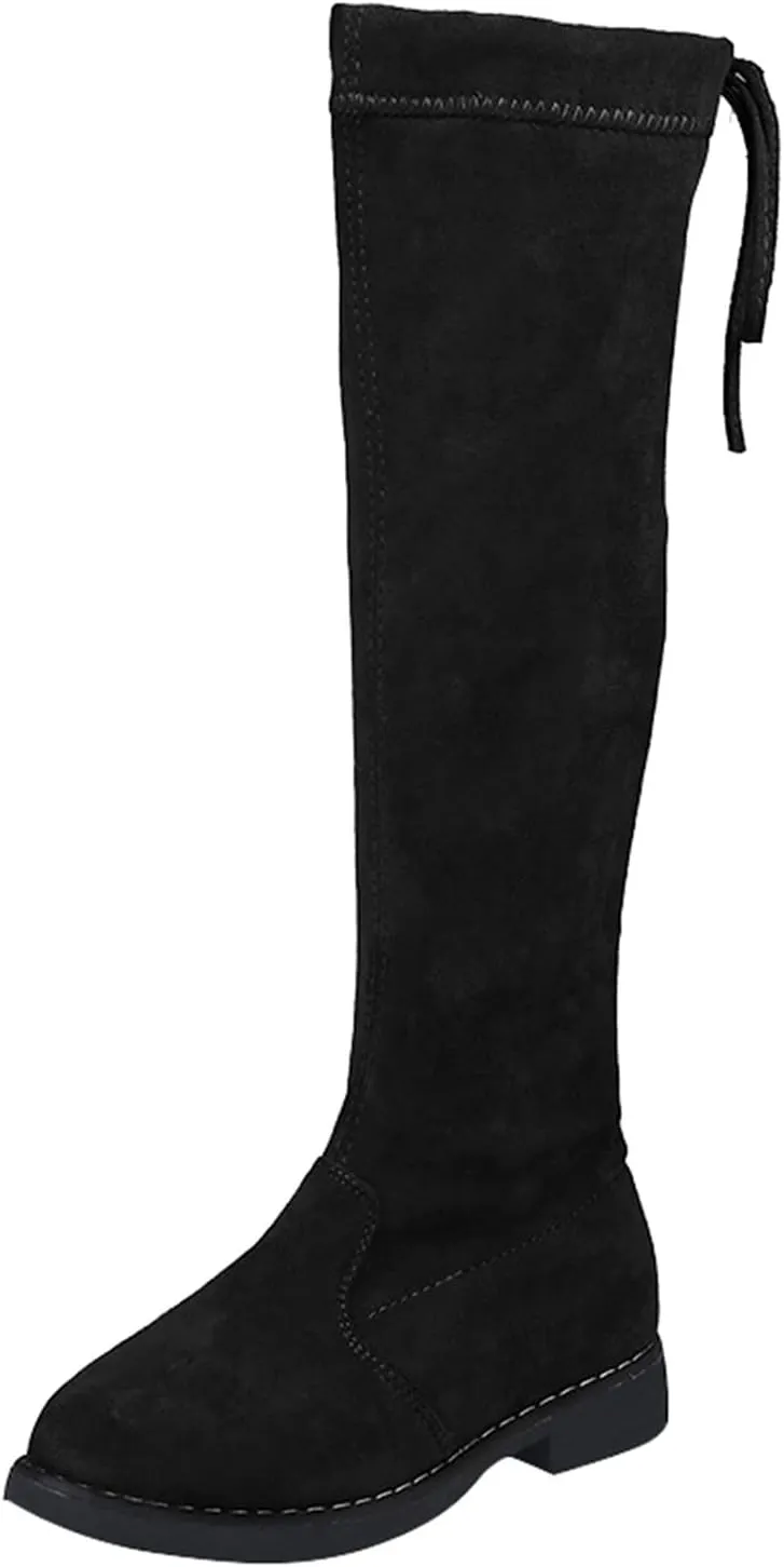 Girls Dressy Knee High Riding Boots Comfy Chunky Low Heel Hiking Booties with Side Zip Casual Outdoor Winter Boots