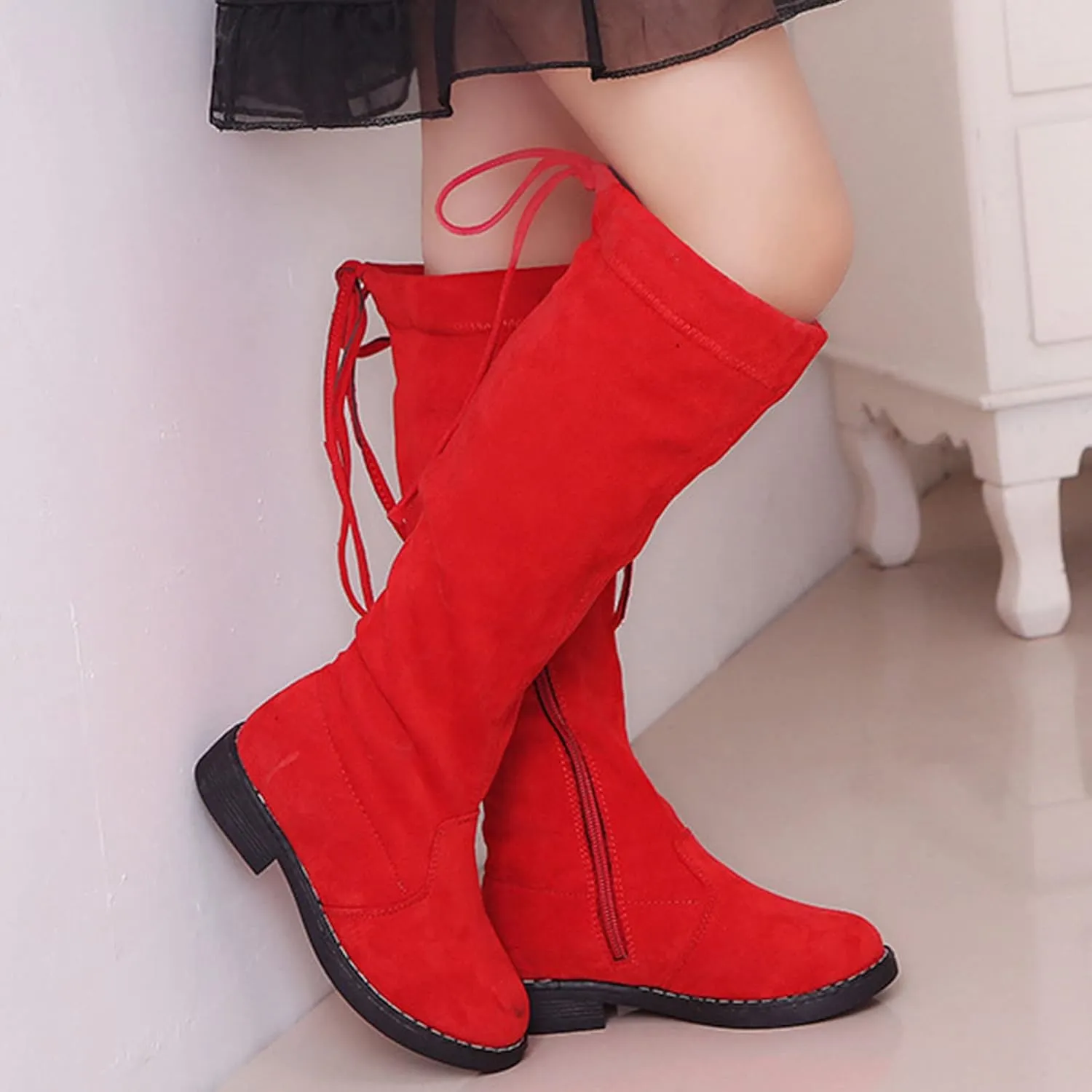 Girls Dressy Knee High Riding Boots Comfy Chunky Low Heel Hiking Booties with Side Zip Casual Outdoor Winter Boots