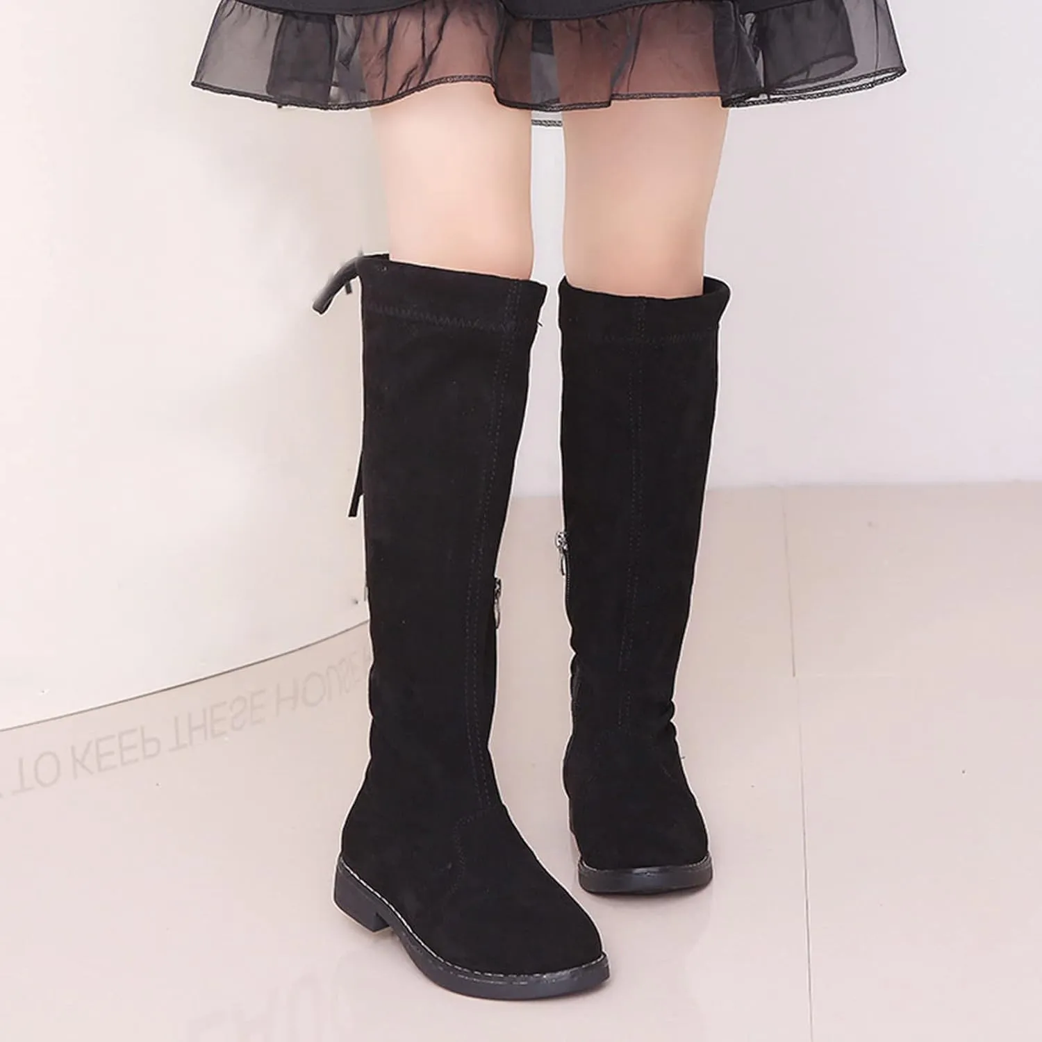 Girls Dressy Knee High Riding Boots Comfy Chunky Low Heel Hiking Booties with Side Zip Casual Outdoor Winter Boots