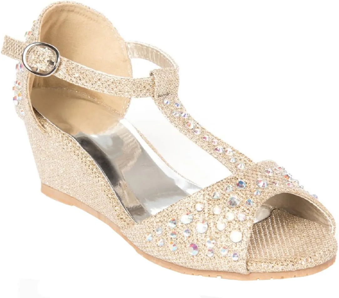 Girls Glitter and Rhinestone Open Toe Wedge Heel (Toddler/Little Girl)