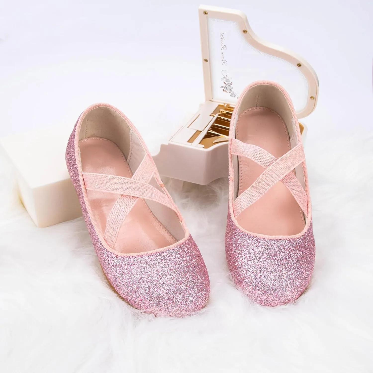 Girls Glitter Ballerina Dress Shoes Mary Jane Ballet Flats for Girls Wedding Party Back to School with Elastic Strap