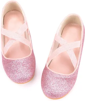 Girls Glitter Ballerina Dress Shoes Mary Jane Ballet Flats for Girls Wedding Party Back to School with Elastic Strap