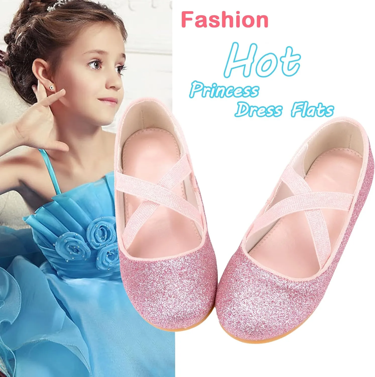 Girls Glitter Ballerina Dress Shoes Mary Jane Ballet Flats for Girls Wedding Party Back to School with Elastic Strap