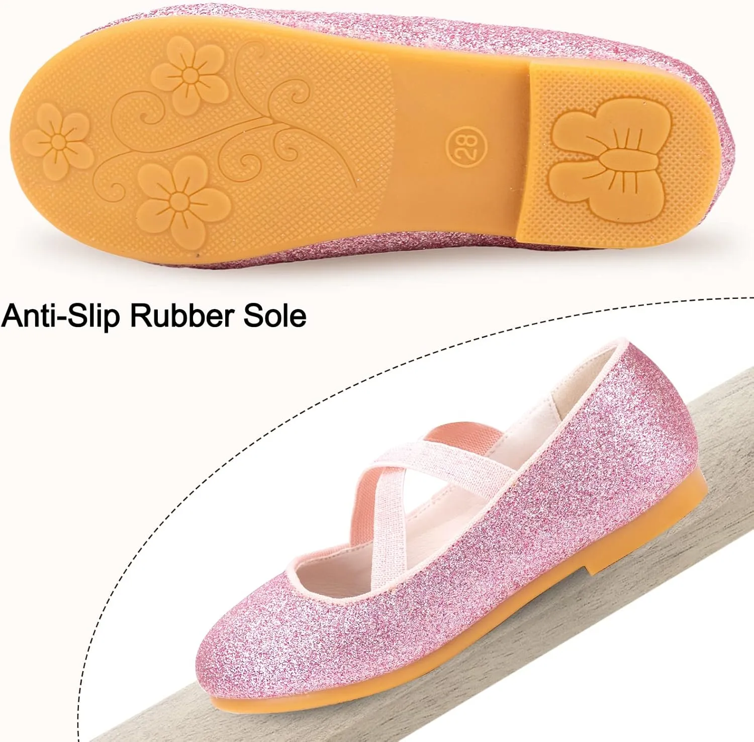 Girls Glitter Ballerina Dress Shoes Mary Jane Ballet Flats for Girls Wedding Party Back to School with Elastic Strap