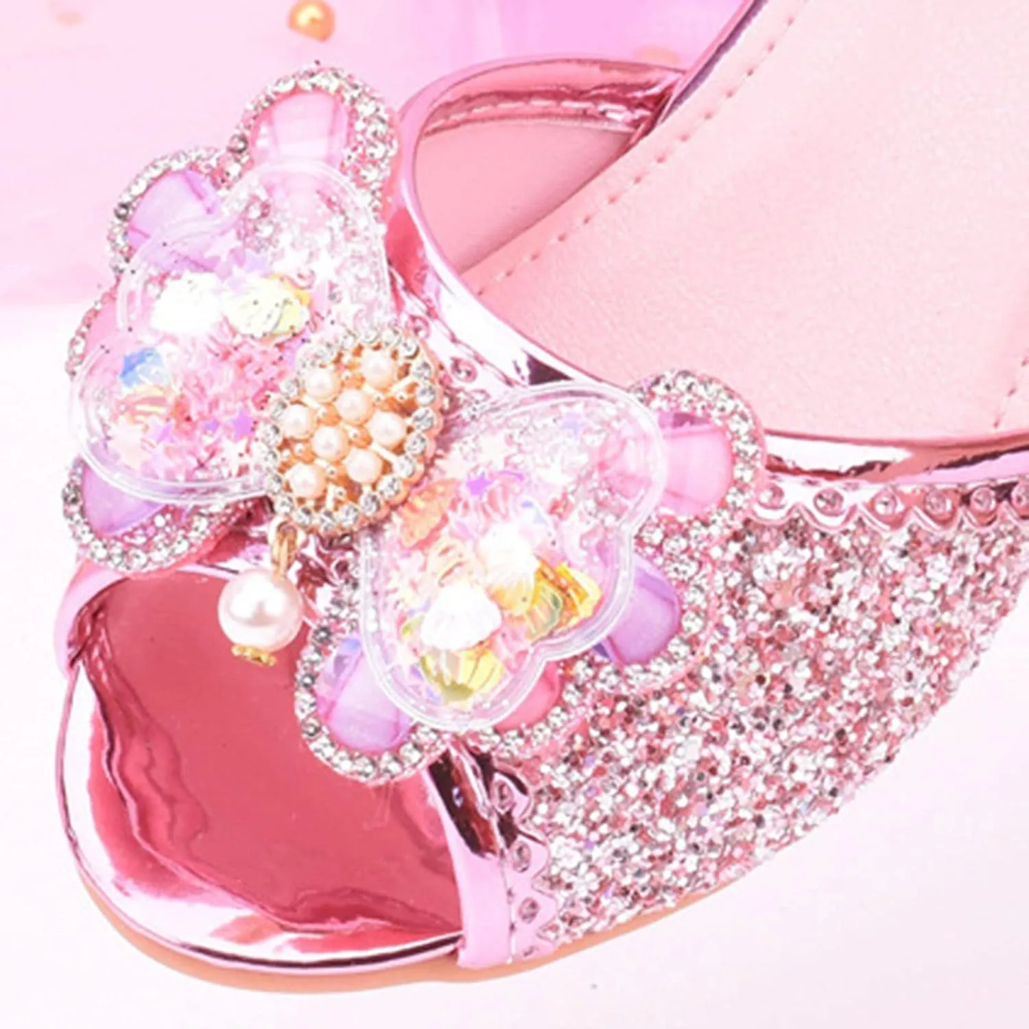 Girls Glitter Butterfly Sandals Sequin Rhinestone Heels Dress Shoes Teens Kids Princess Shining Formal Party Shoes