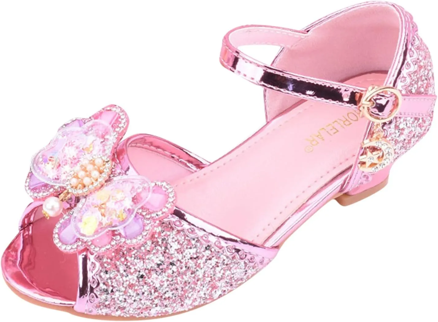 Girls Glitter Butterfly Sandals Sequin Rhinestone Heels Dress Shoes Teens Kids Princess Shining Formal Party Shoes