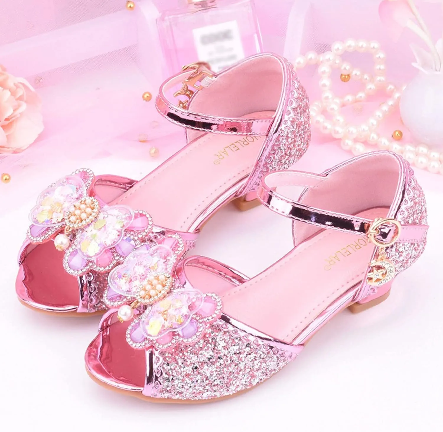 Girls Glitter Butterfly Sandals Sequin Rhinestone Heels Dress Shoes Teens Kids Princess Shining Formal Party Shoes