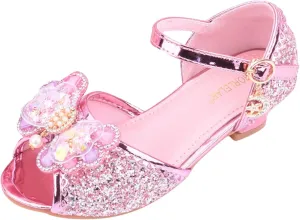 Girls Glitter Butterfly Sandals Sequin Rhinestone Heels Dress Shoes Teens Kids Princess Shining Formal Party Shoes