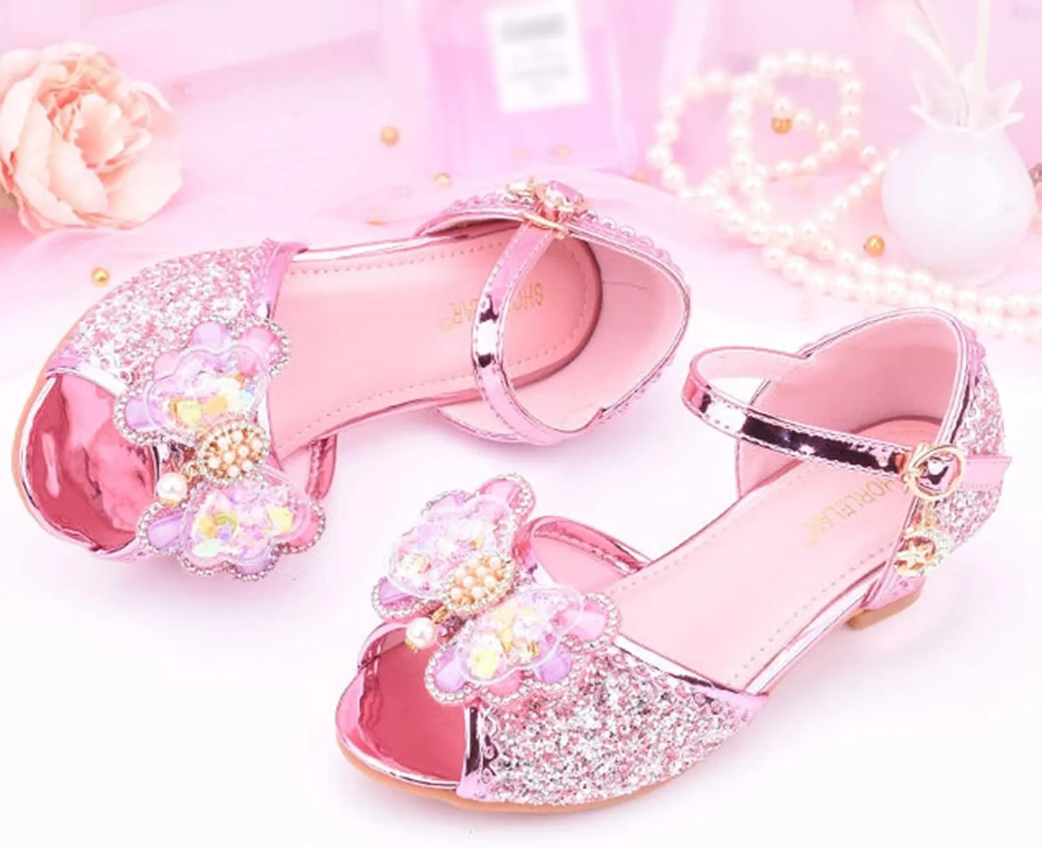 Girls Glitter Butterfly Sandals Sequin Rhinestone Heels Dress Shoes Teens Kids Princess Shining Formal Party Shoes