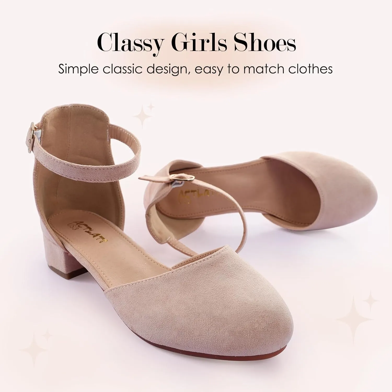 Girls Glitter Dress Shoes - Closed Toe Chunky High Heels with Ankle Strap for Weddings, Parties, and Special Occasions (Big Kid)