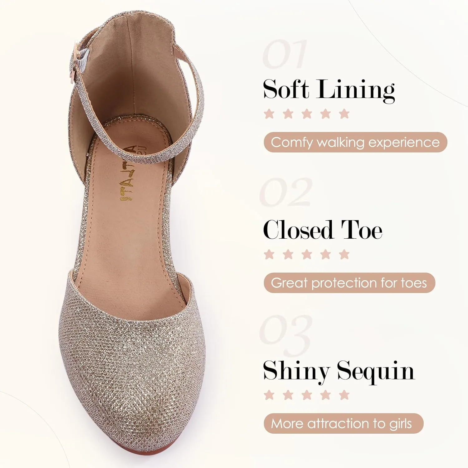 Girls Glitter Dress Shoes - Closed Toe Chunky High Heels with Ankle Strap for Weddings, Parties, and Special Occasions (Big Kid)