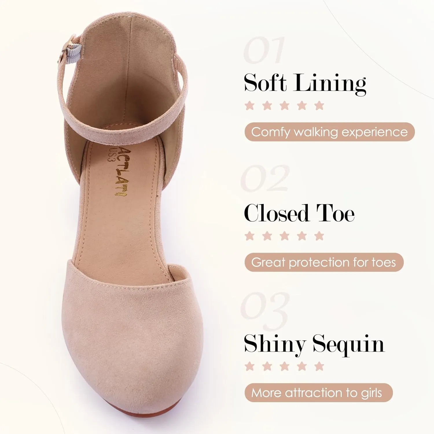 Girls Glitter Dress Shoes - Closed Toe Chunky High Heels with Ankle Strap for Weddings, Parties, and Special Occasions (Big Kid)