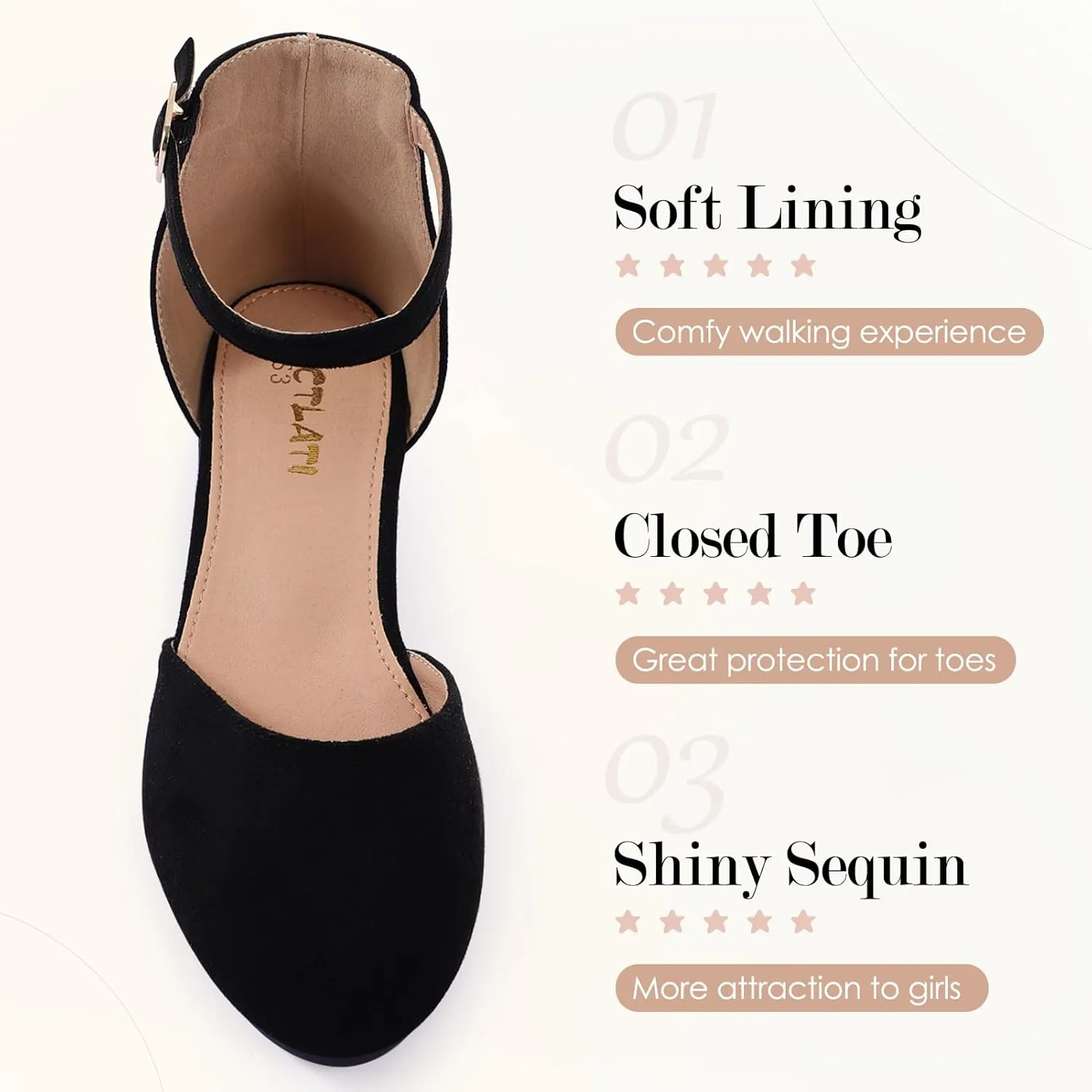 Girls Glitter Dress Shoes - Closed Toe Chunky High Heels with Ankle Strap for Weddings, Parties, and Special Occasions (Big Kid)