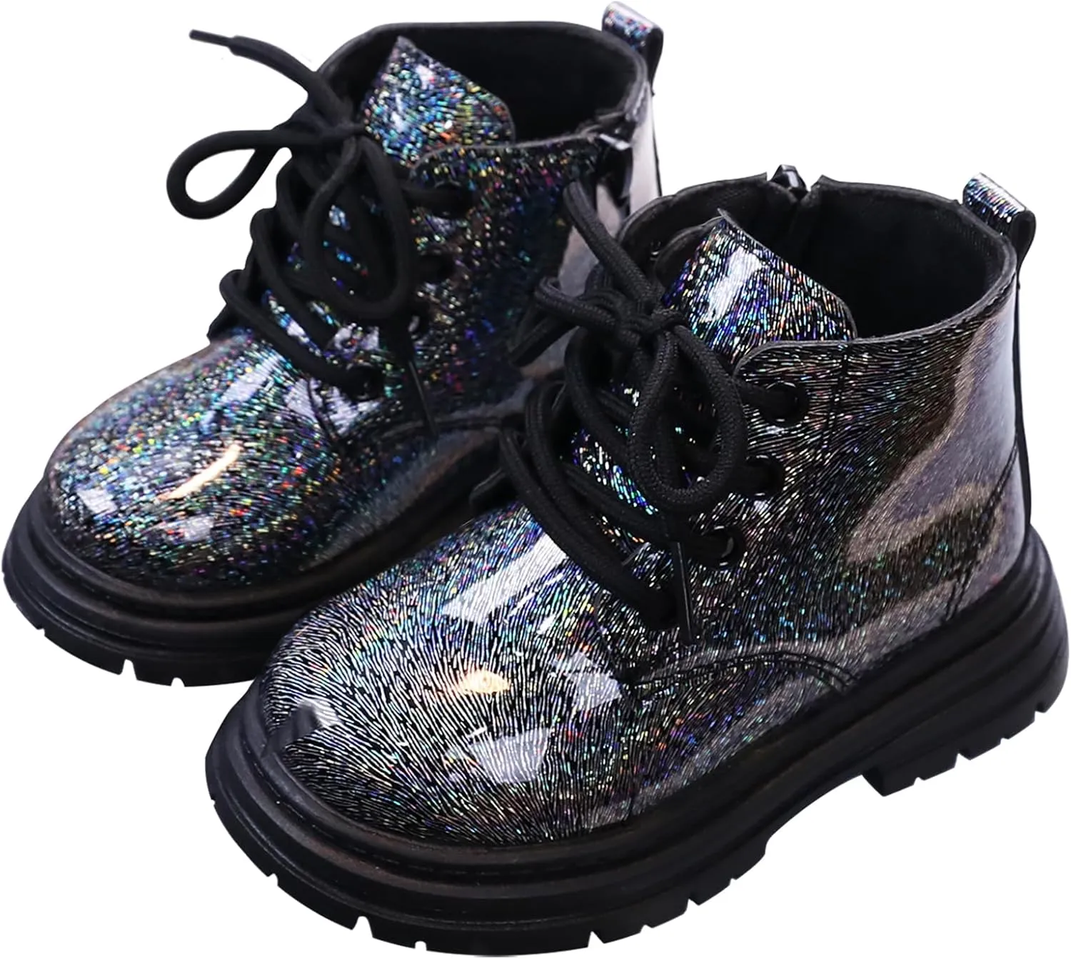 Girls Patent Ankle Boots Side Zipper Waterproof Non-Slip Booties Lace Up Outdoor Combat Boot