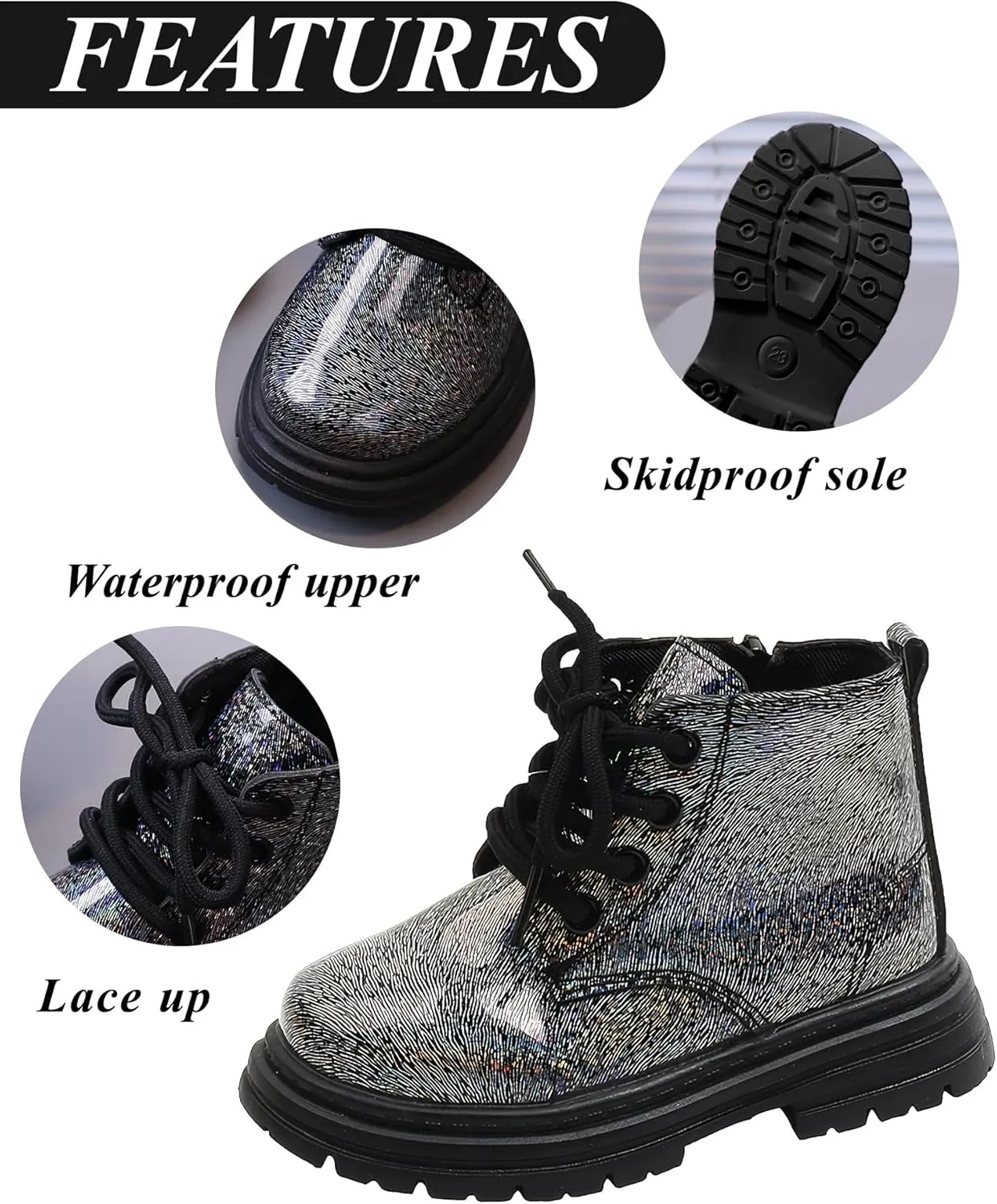 Girls Patent Ankle Boots Side Zipper Waterproof Non-Slip Booties Lace Up Outdoor Combat Boot