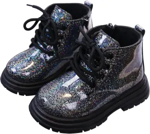 Girls Patent Ankle Boots Side Zipper Waterproof Non-Slip Booties Lace Up Outdoor Combat Boot