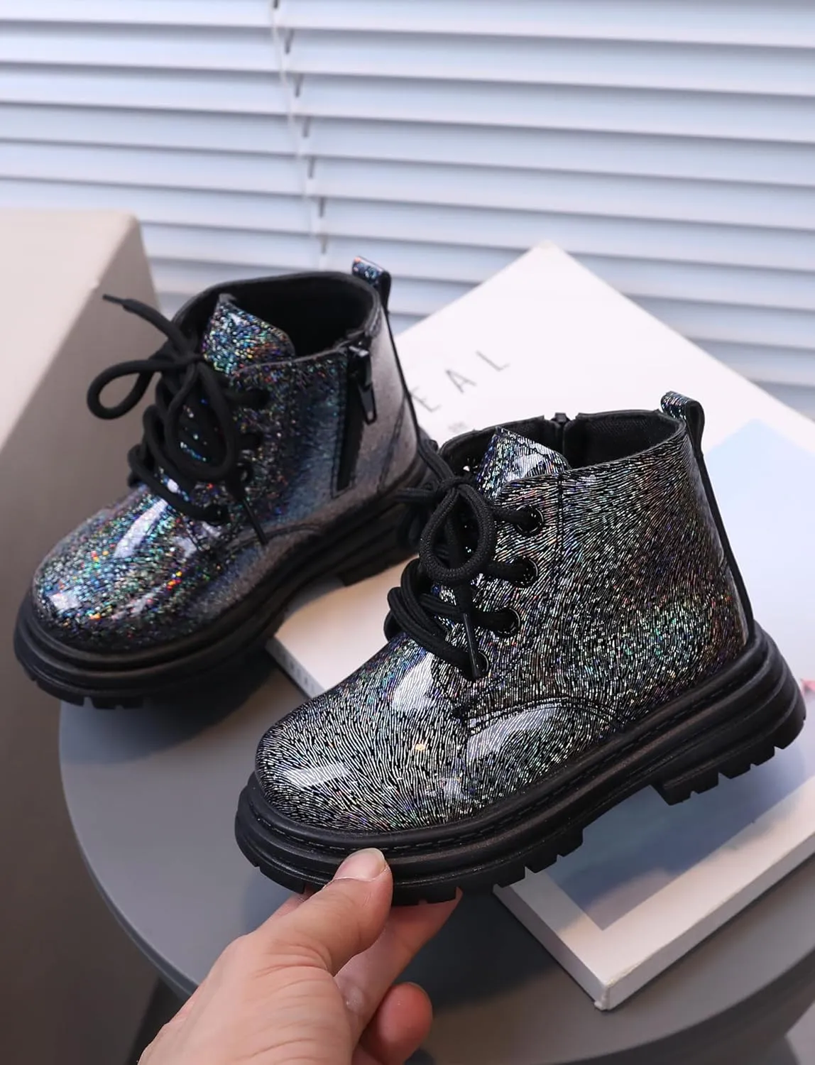 Girls Patent Ankle Boots Side Zipper Waterproof Non-Slip Booties Lace Up Outdoor Combat Boot