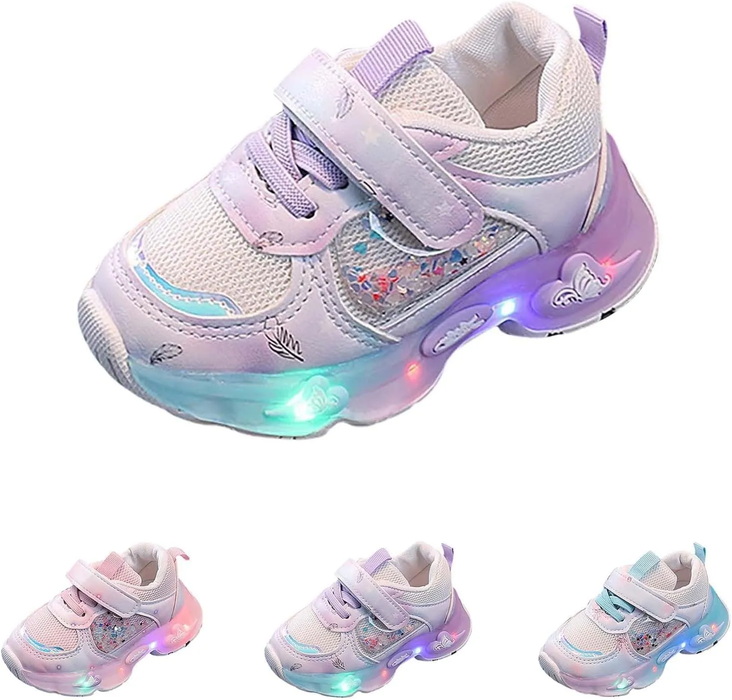 Girls Running Shoes Fashion LED Light Athletic Shoes Boys Hook Loop Non-Slip Casual Comfortable Girls Glittery