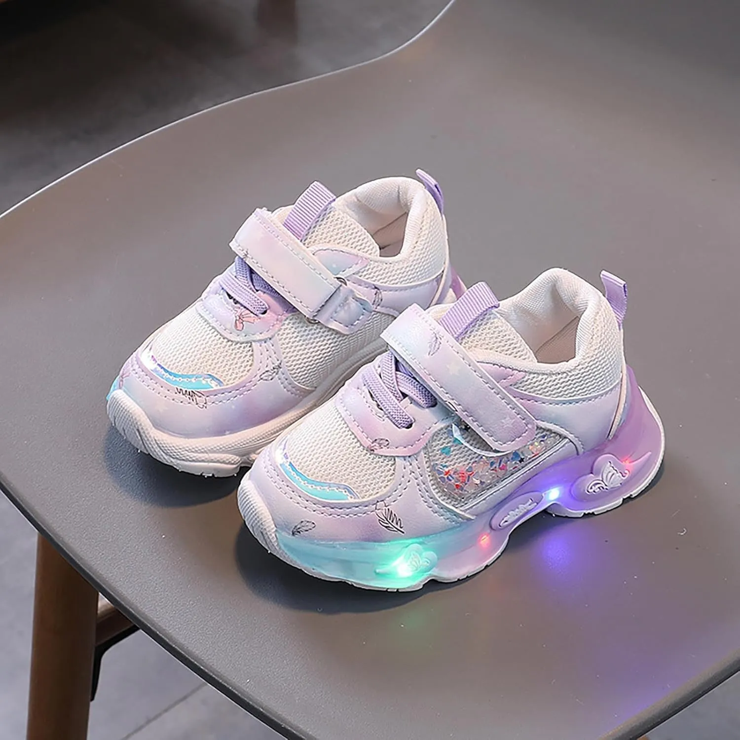 Girls Running Shoes Fashion LED Light Athletic Shoes Boys Hook Loop Non-Slip Casual Comfortable Girls Glittery