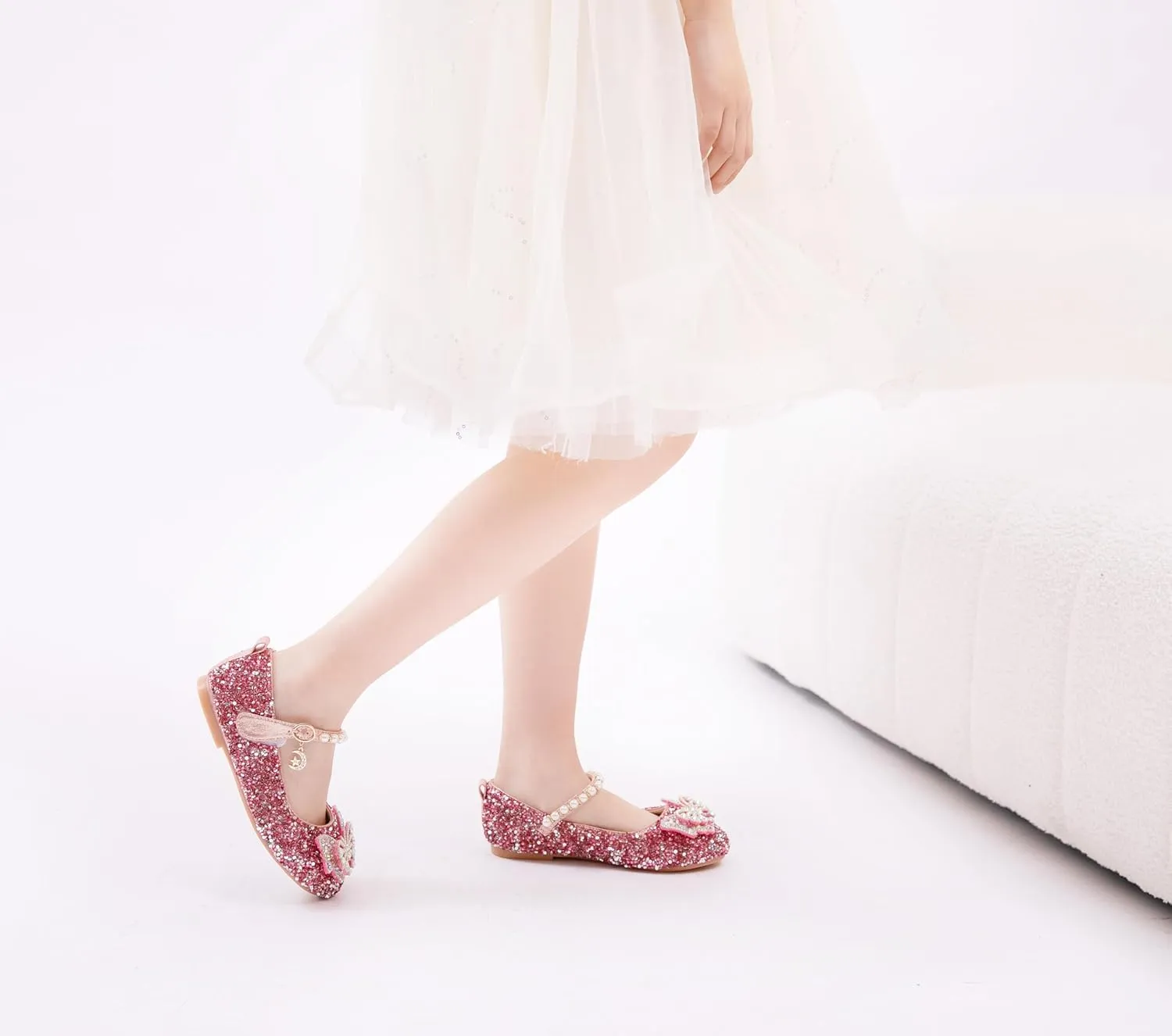 Girls Sparkle Princess Dress Shoes Bow Wedding Party Flower Bridesmaids Mary Jane Ballet Flats for Kid Toddler