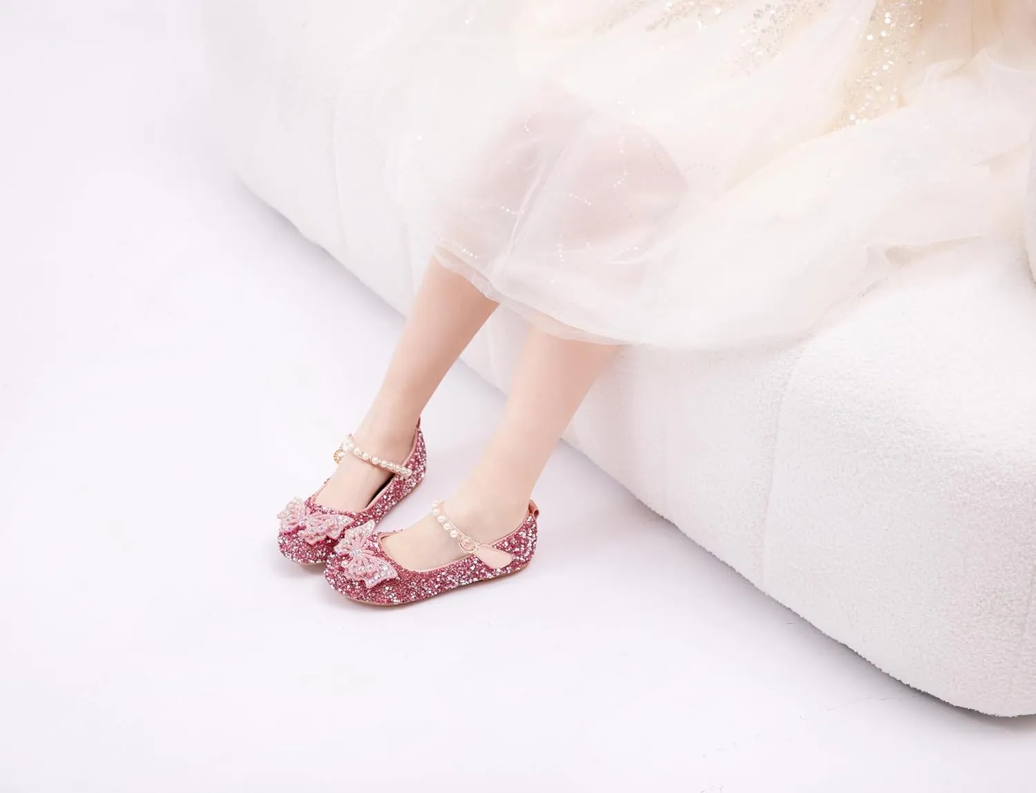 Girls Sparkle Princess Dress Shoes Bow Wedding Party Flower Bridesmaids Mary Jane Ballet Flats for Kid Toddler