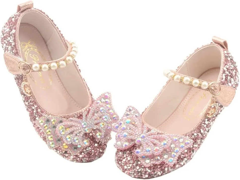 Girls Sparkle Princess Dress Shoes Bow Wedding Party Flower Bridesmaids Mary Jane Ballet Flats for Kid Toddler